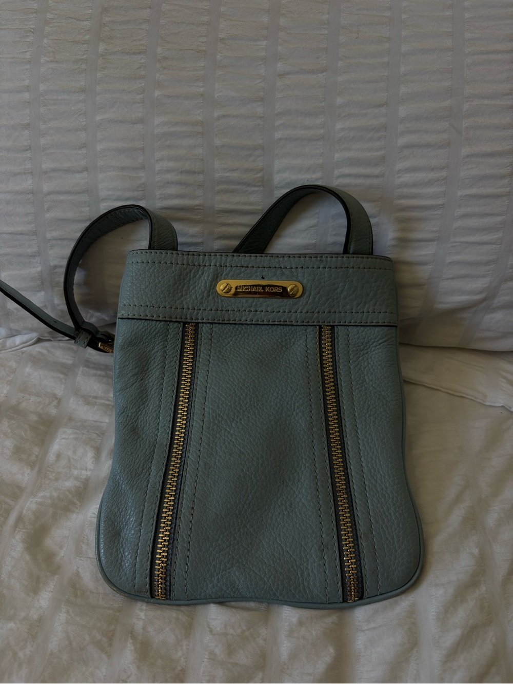 Michael Kors Dusty Blue Leather Crossbody with Gold Hardware